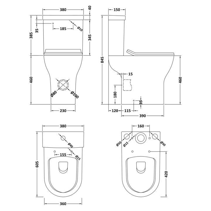 Freya Comfort Height Close Coupled Rimless Toilet Pan with Push Button Cistern - Soft Close Seat - Technical Drawing
