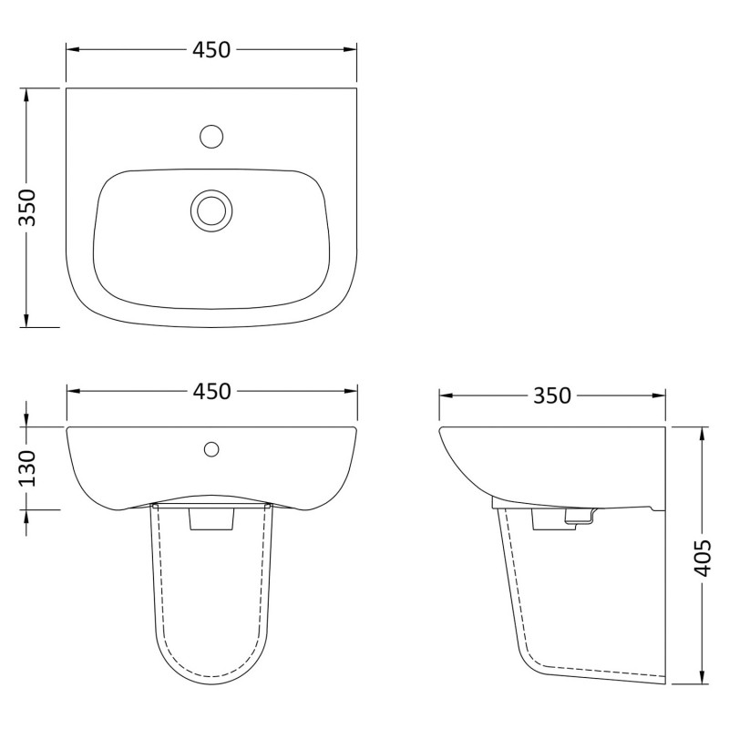 Ambrose 450mm(w) x 405mm(h) Basin & Semi Pedestal (1 Tap Hole) - Technical Drawing