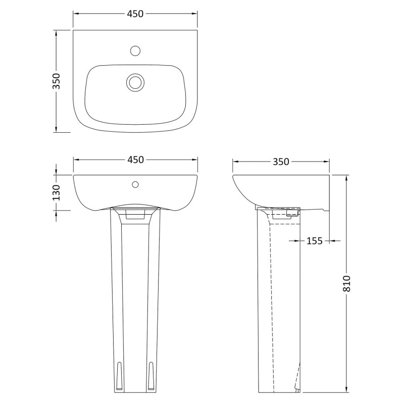 Ambrose 450mm(w) x 795mm(h) Basin & Pedestal (1 Tap Hole) - Technical Drawing