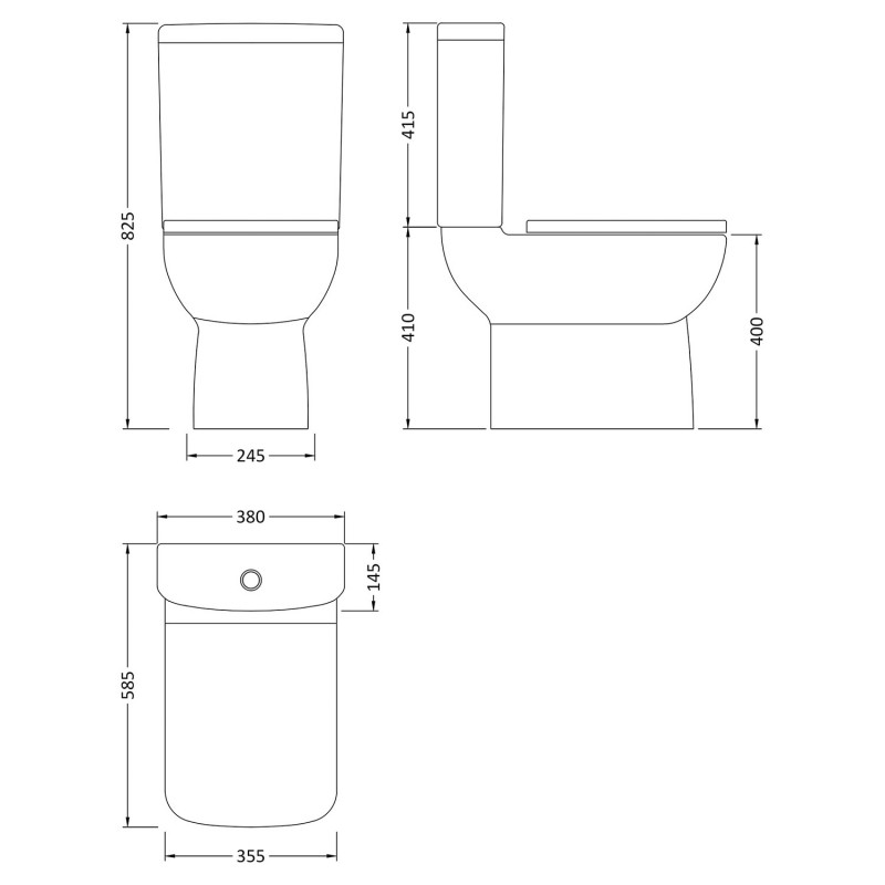 Ambrose 380mm(w) x 825mm(h) Compact Toilet & Cistern (Includes Seat) - Technical Drawing