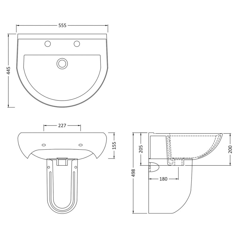 Ivo 550mm(w) x 495mm(h) Basin & Semi Pedestal (2 Tap Holes) - Technical Drawing