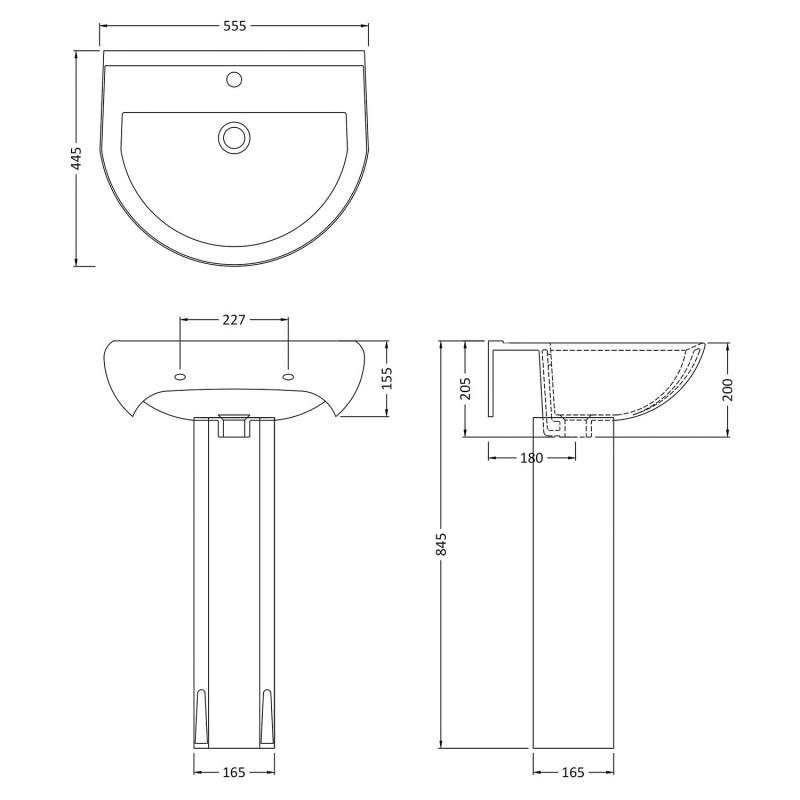 Ivo 550mm(w) x 495mm(h) Basin Pedestal (1 Tap Hole) - Technical Drawing