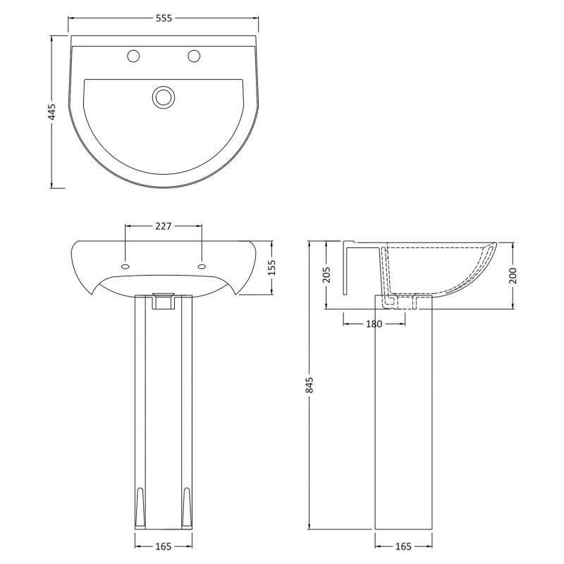 Ivo 550mm(w) x 845mm(h) Basin Pedestal (2 Tap Holes) - Technical Drawing