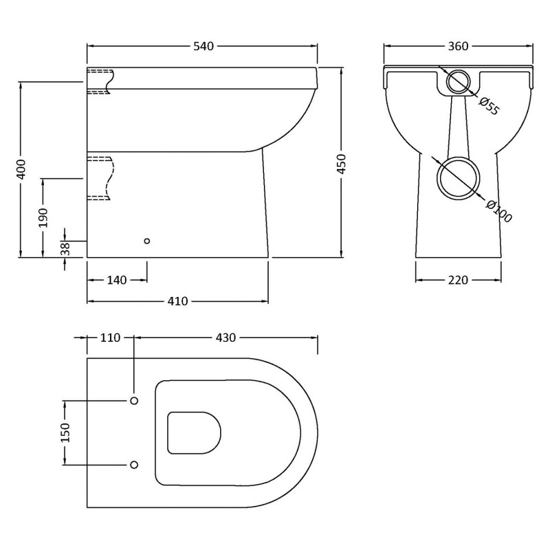 Ivo 360mm(w) x 440mm(h) Comfort Height Back to Wall Toilet (Optional Seats) - Technical Drawing