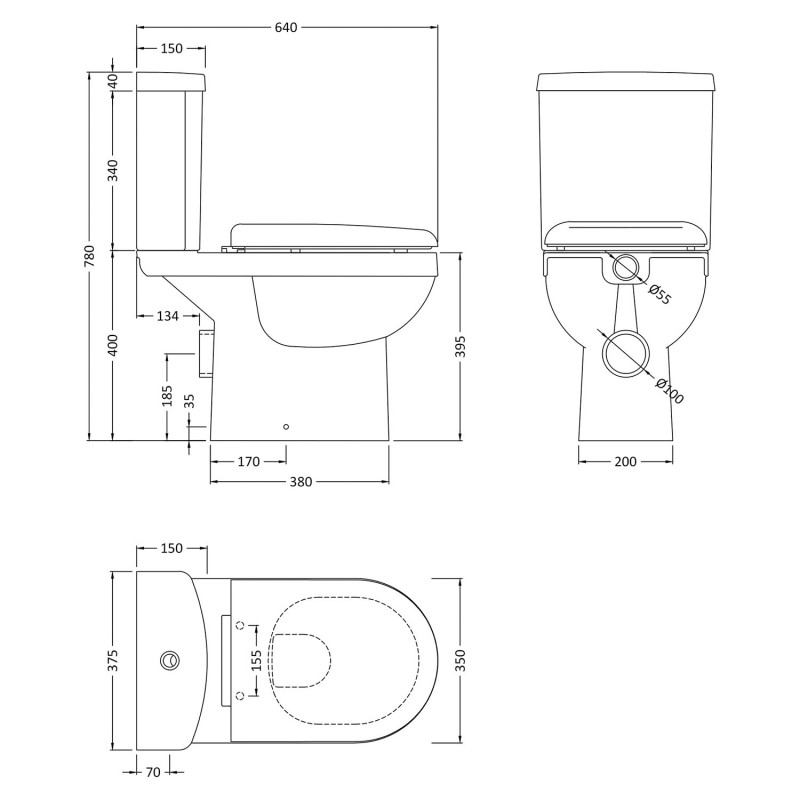 Ivo 375mm(w) x 780mm(h) Comfort Height Toilet & Cistern (Includes Seat) - Technical Drawing