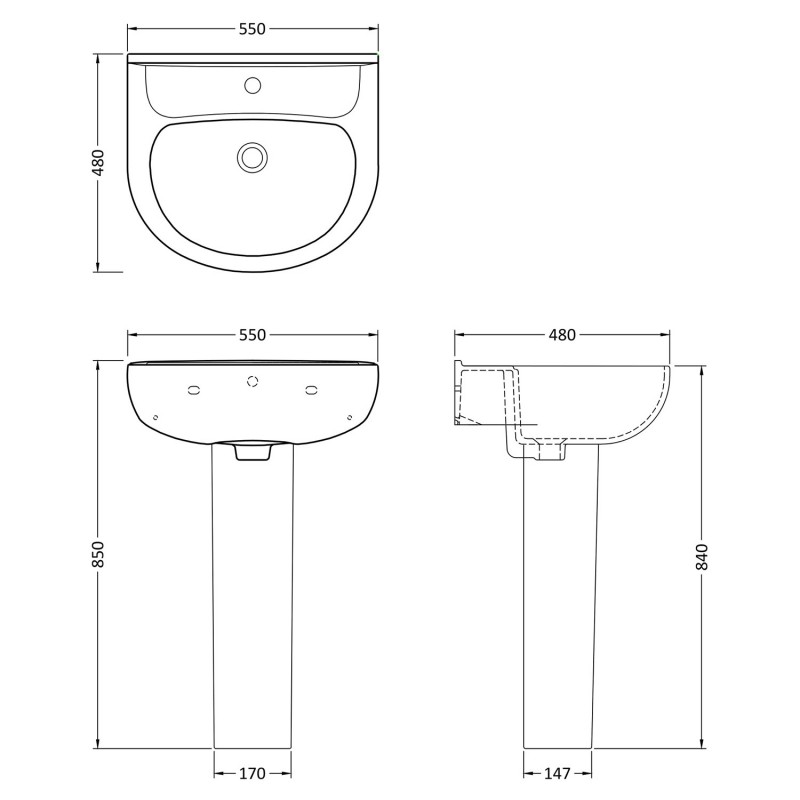 Lawton 550mm(w) x 860mm(h) Basin & Pedestal (1 Tap Hole) - Technical Drawing