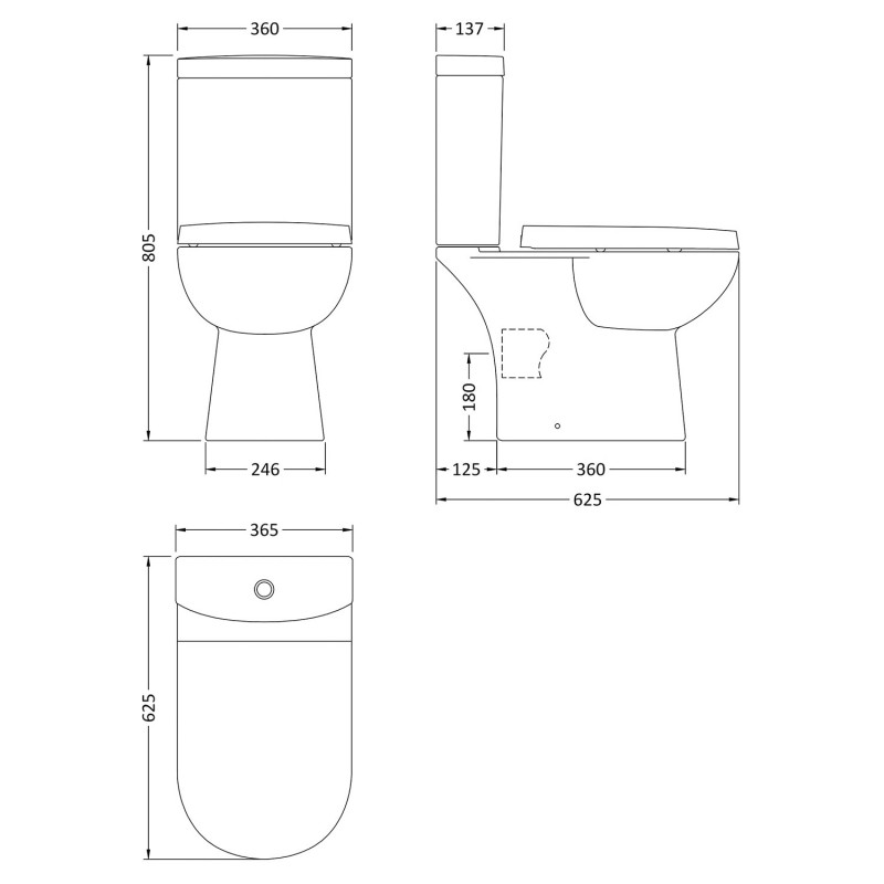 Lawton 360mm(w) x 805mm(h) Close Coupled Compact Toilet & Cistern (Optional Seats) - Technical Drawing