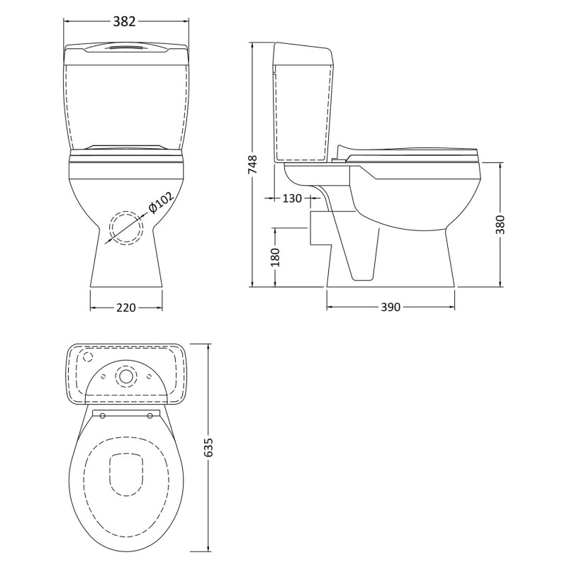 Melbourne 382mm(w) 748mm(h) Toilet Pan with Cistern (Includes Seat) - Technical Drawing