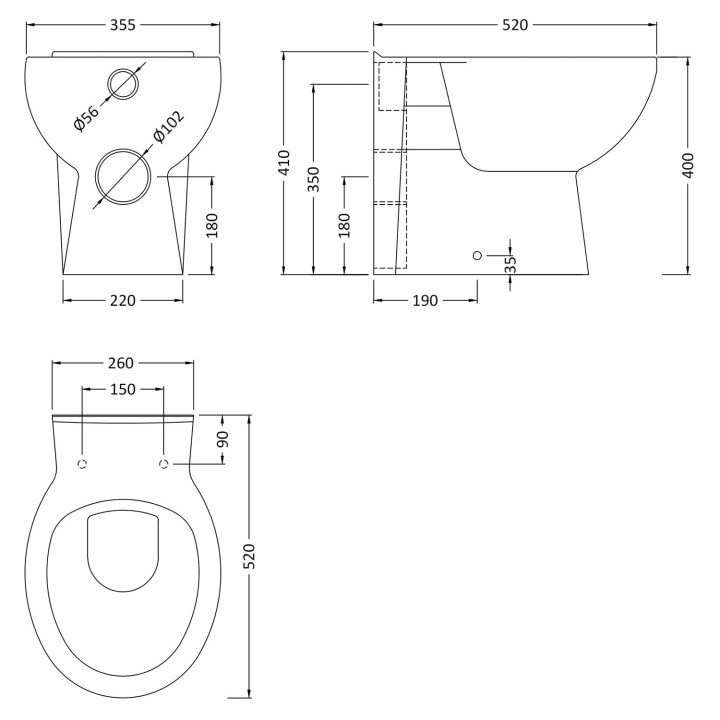 Melbourne 355mm(w) x 410mm(h) Back to Wall Toilet (Optional Seats) - Technical Drawing