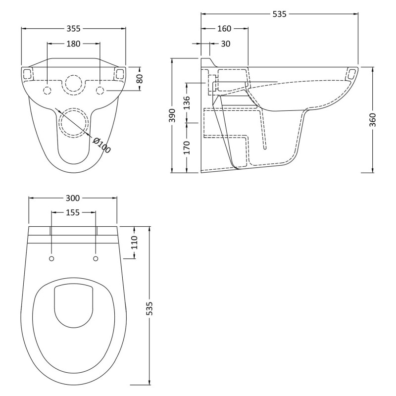 Melbourne 355mm(w) x 390mm(h) Wall Hung Toilet (Optional Seats) - Technical Drawing