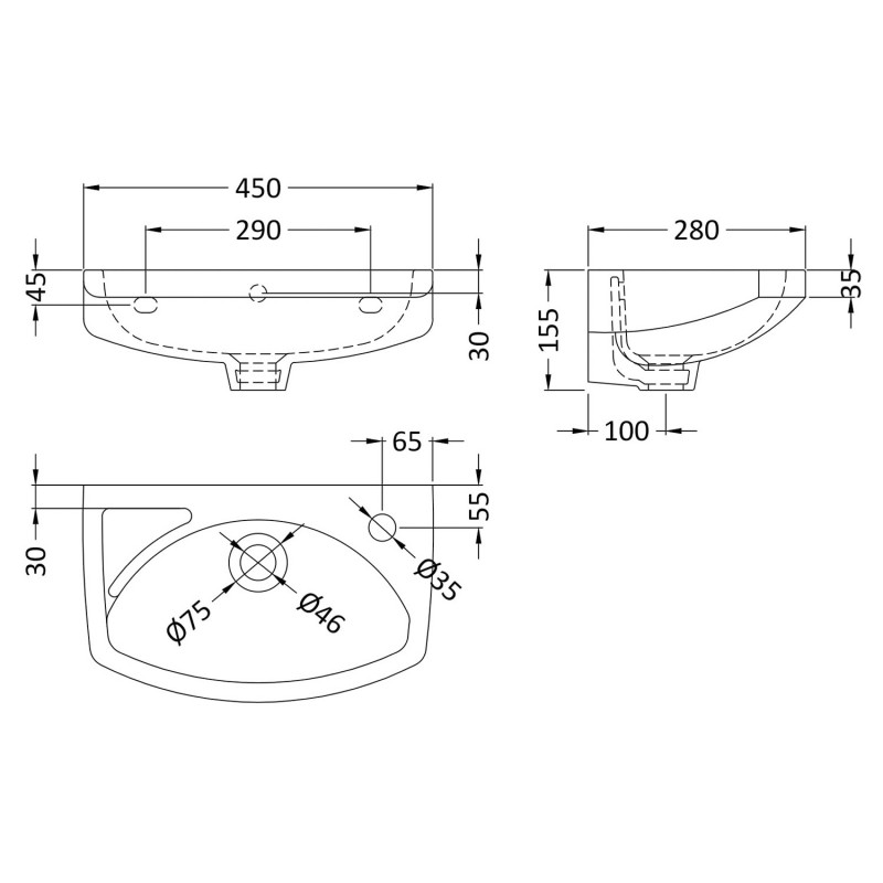 450mm (w) x 155mm (h) x 280mm (d) Wall Hung Basin (1 Right Hand Side Tap Hole) - Technical Drawing