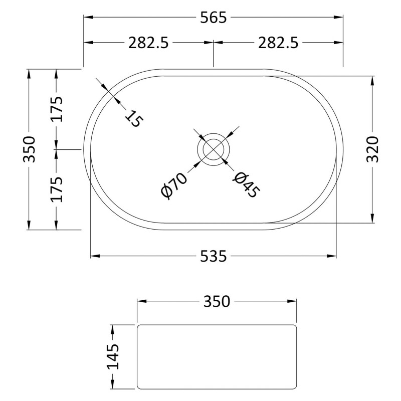 565 x 350mm Oval Ceramic Counter Top Basin - Matt White - Technical Drawing