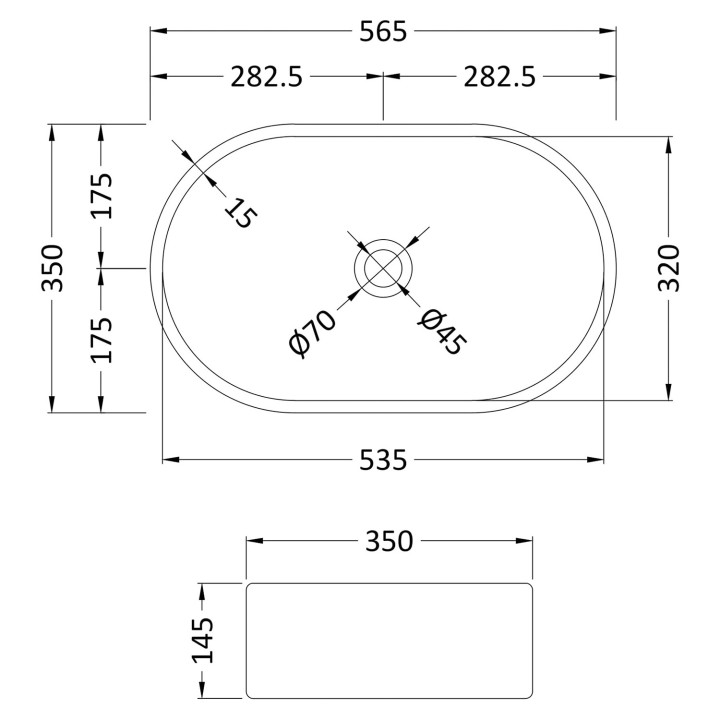 565 x 350mm Oval Ceramic Counter Top Basin - Matt Black - Technical Drawing
