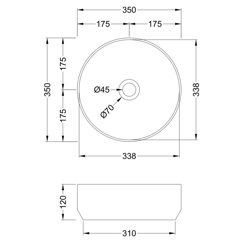 350 x 350mm Round Ceramic Counter Top Basin - Matt White - Technical Drawing