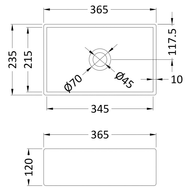 365 x 235mm Rectangle Ceramic Counter Top Basin - Matt White - Technical Drawing