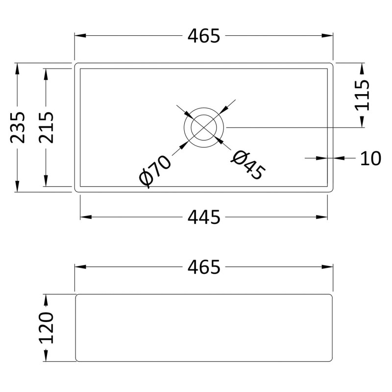 465 x 235mm Rectangle Ceramic Counter Top Basin - Matt White - Technical Drawing