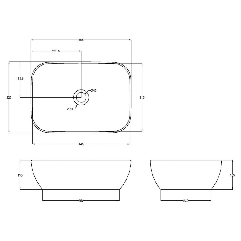 455 x 325mm Square Cermica Counter Top Basin - Matt White - Technical Drawing