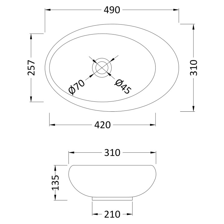 490mm (w) x 135mm (h) x 320mm (d) Counter Top Basin - Technical Drawing