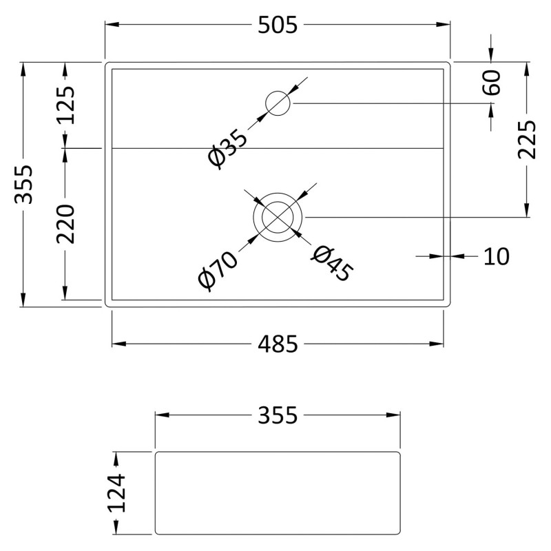 500mm (w) x 120mm (h) x 350mm (d) Counter Top Basin (1 Tap Hole) - Technical Drawing