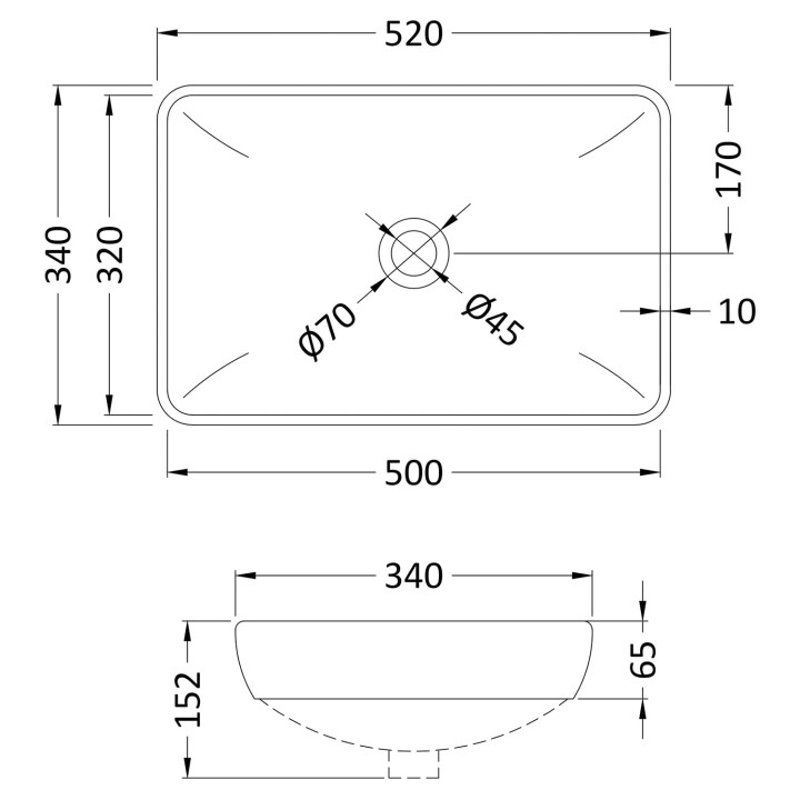 515mm (w) x 155mm (h) x 340mm (d) Counter Top Basin - Technical Drawing