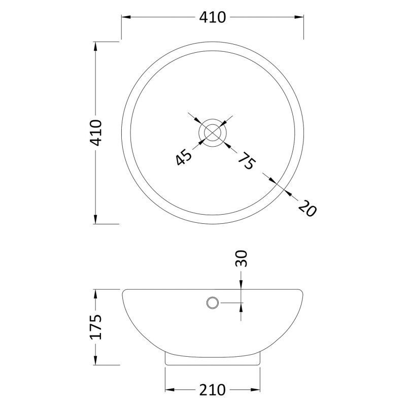 420mm (w) x 175mm (h) x 420mm (d) Round Counter Top Basin - Technical Drawing