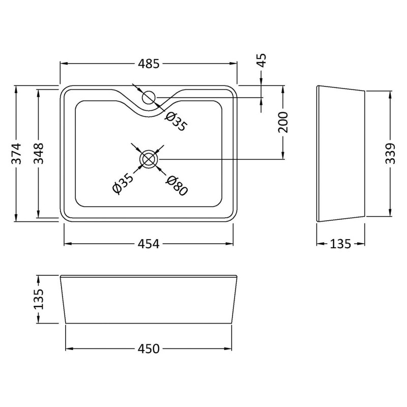 473mm (w) x 135mm (h) x 374mm (d) Square Ceramic Counter Top Basin - Technical Drawing