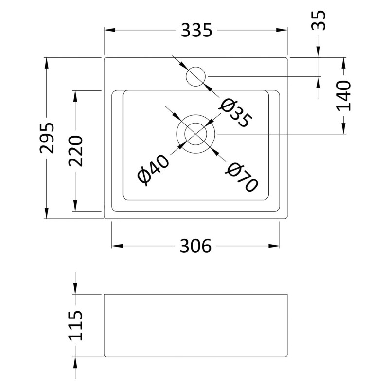 335mm (w) x 115mm (h) x 295mm (d) Rectangular Counter Top Basin (1 Tap Hole) - Technical Drawing