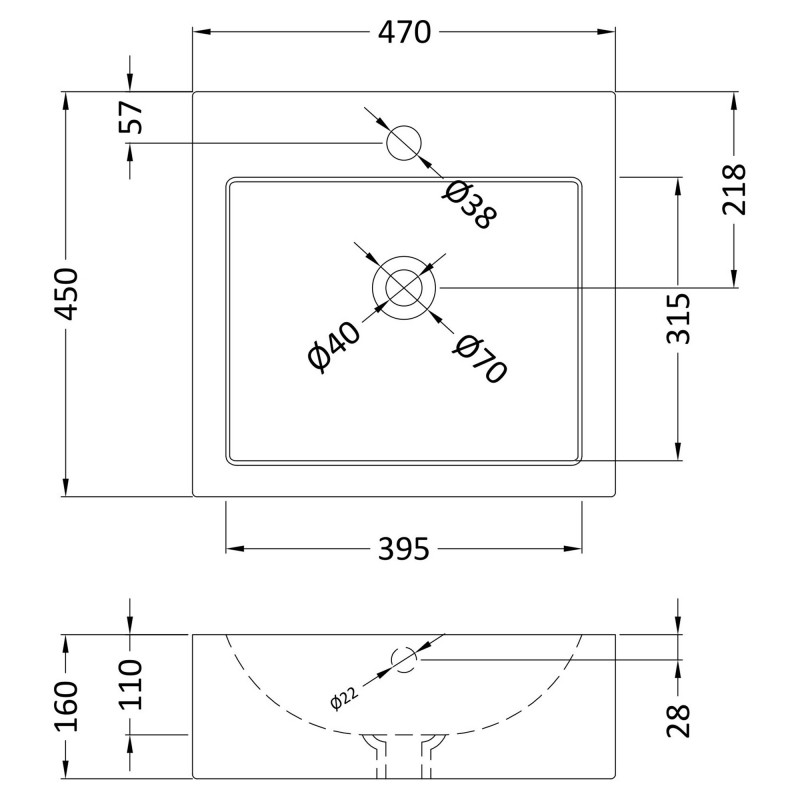 470mm (w) x 160mm (h) x 470mm (d) Counter Top Basin (1 Tap Hole) - Technical Drawing