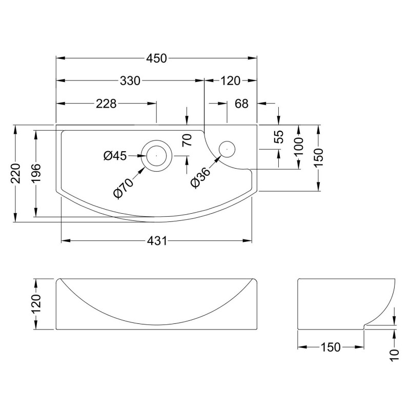 450mm (w) x 120mm (h) x 220mm (d) Wall Hung Basin With Left Hand Single Tap Hole - Technical Drawing