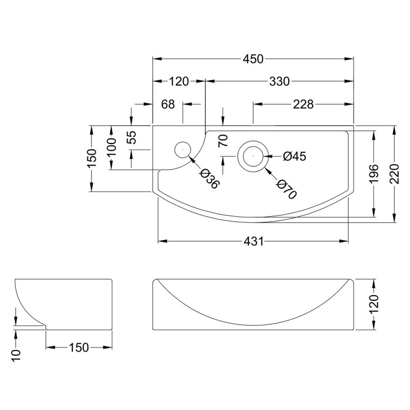 450mm (w) x 120mm (h) x 220mm (d) Wall Hung Basin With Right Hand Single Tap Hole - Technical Drawing