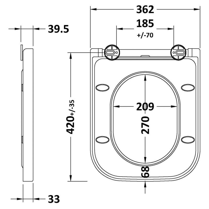 Square Wrapover Soft Close Top Fix Toilet Seat - For use with Ava Toilets - White - Technical Drawing