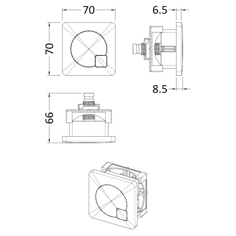 Square Dual Flush Chrome Push Button - Technical Drawing