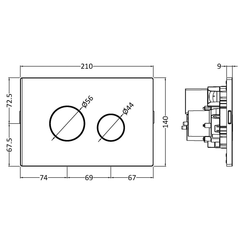 Matt Black Round Flush Plate for Pneumatic Dual Flush - Technical Drawing