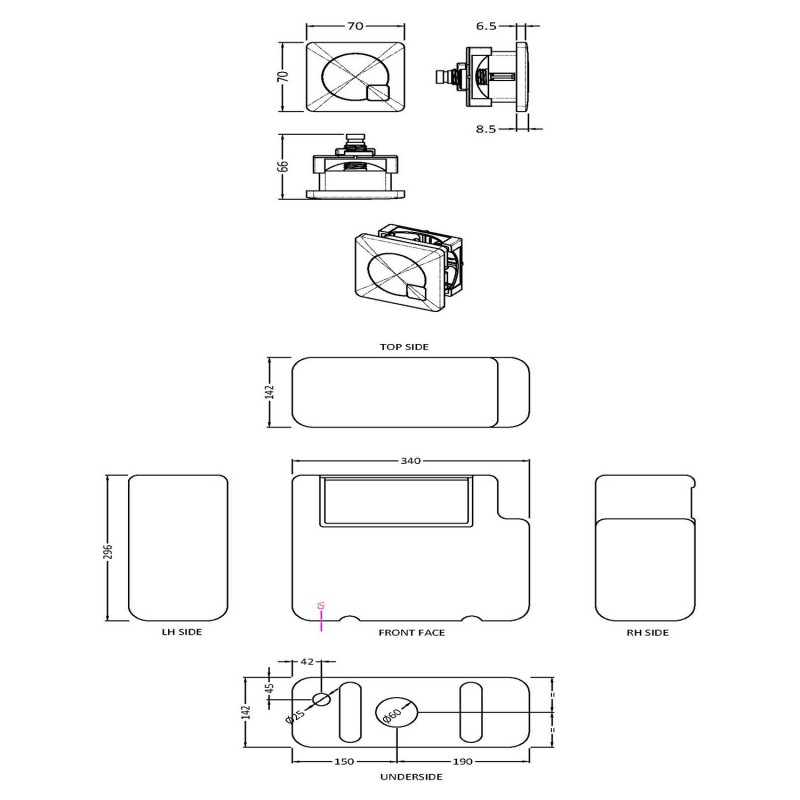 Concealed Bottom Inlet Cistern & Square Push Button - Chrome - Technical Drawing