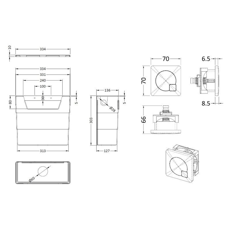 Concealed Bottom Inlet Cistern & Square Push Button - Brushed Pewter - Technical Drawing