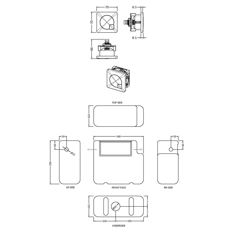 Dual Fuel Concealed Cistern Side Inlet & Chrome Square Flush Plate - Technical Drawing