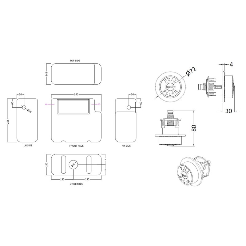 Dual Fuel Concealed Cistern Side Inlet & Chrome Traditional Flush Plate - Technical Drawing