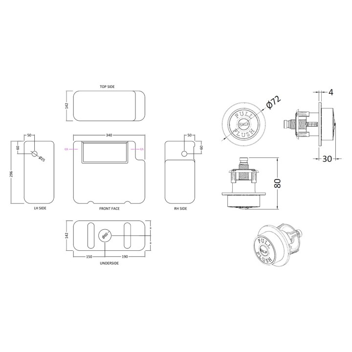 Dual Fuel Concealed Cistern Side Inlet & Chrome Traditional Flush Plate - Technical Drawing