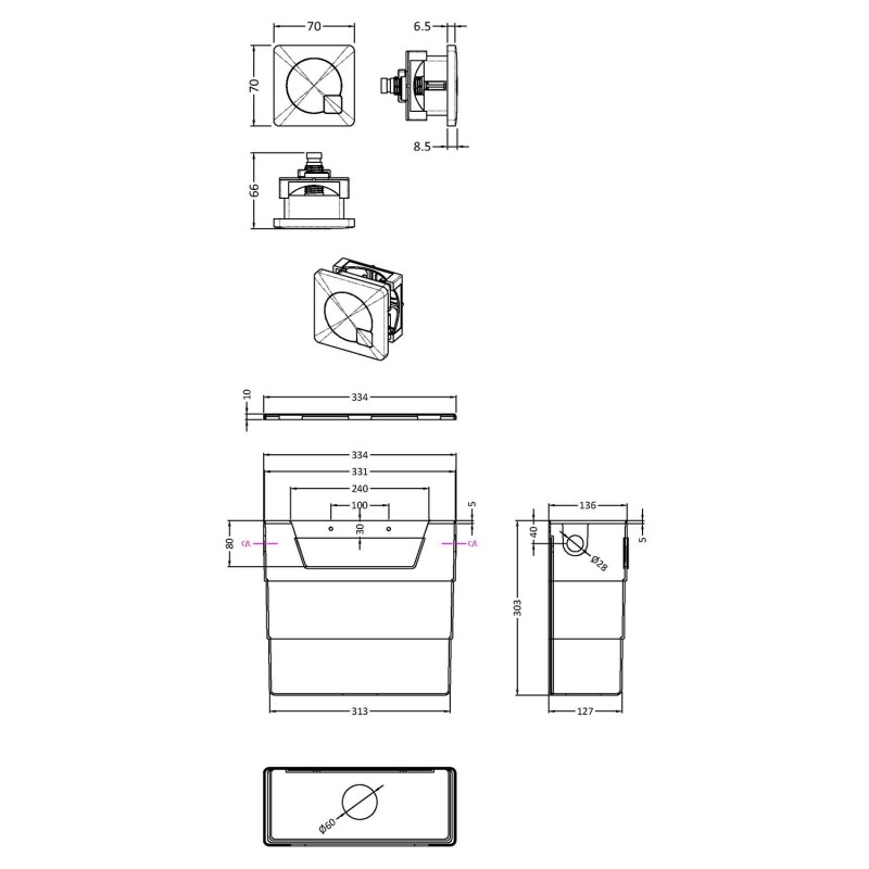 Concealed Cistern & Chrome Square Flush Plate - Technical Drawing