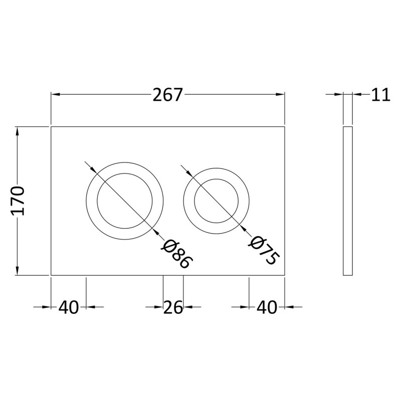 Matt Black Round Dual Flush Push Button - Technical Drawing