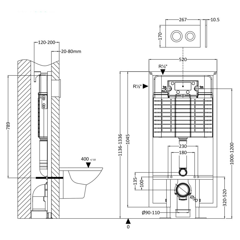 Dual Flush Concealed Cistern Frame Round Plate - Brushed Brass - Technical Drawing