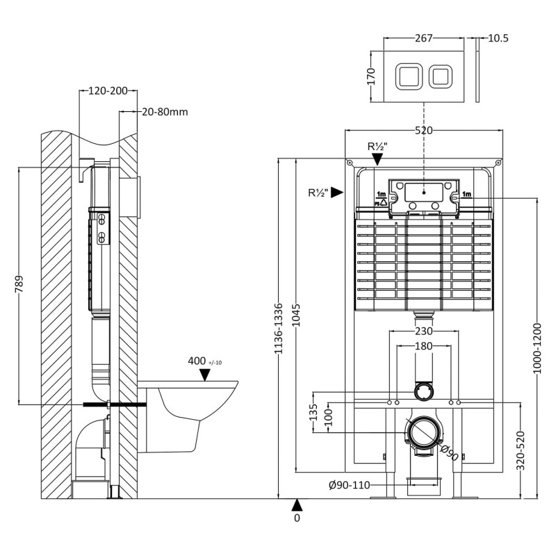 Dual Flush Concealed Cistern Frame Square Plate - Brushed Brass - Technical Drawing