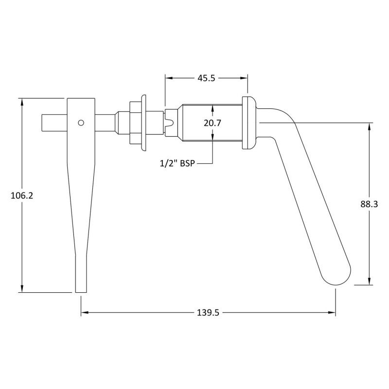 Metal Universal Lever - 106mm (h) x 17mm (w) x 140mm (d) - Technical Drawing