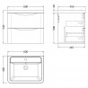 Lunar 600mm Wall Hung 2 Drawer Vanity Unit with Ceramic Basin - Satin White - Technical Drawing