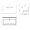 Lunar 800mm Wall Hung 1 Drawer Vanity Unit with Ceramic Basin - Satin White - Technical Drawing