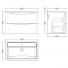 Lunar 800mm Wall Hung 2 Drawer Vanity Unit with Ceramic Basin - Satin White - Technical Drawing