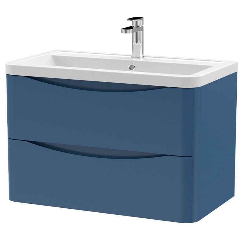 Lunar 800mm Wall Hung 2 Drawer Vanity Unit with Ceramic Basin - Satin Blue