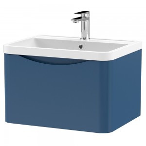 Lunar 600mm Wall Hung 1 Drawer Vanity Unit with Polymarble Basin - Satin Blue