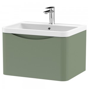 Lunar 600mm Wall Hung 1 Drawer Vanity Unit with Polymarble Basin - Satin Green