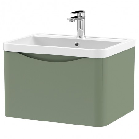 Lunar 600mm Wall Hung 1 Drawer Vanity Unit with Polymarble Basin - Satin Green